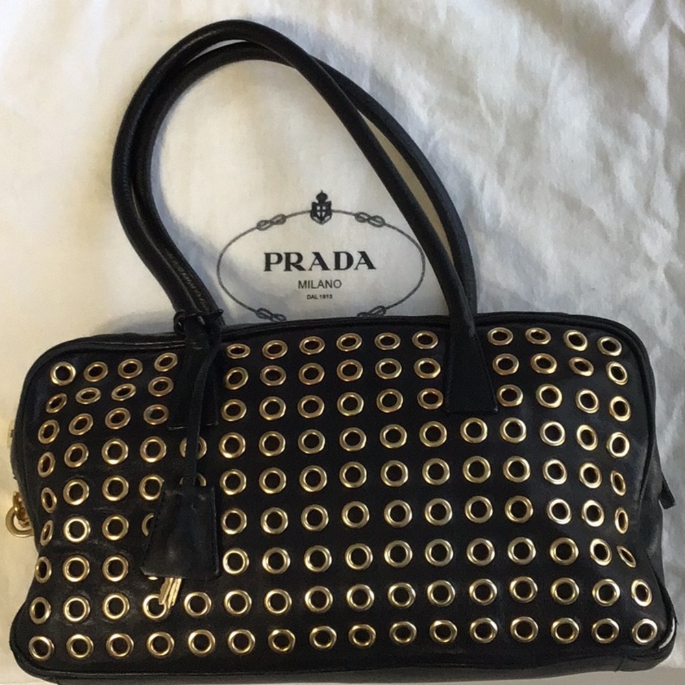 PRADA RARE BLACK LEATHER TESSUTO GROMMET HANDBAG